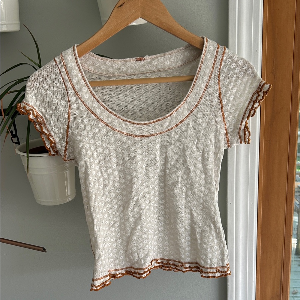 Free People Cream and Brown Short Sleeve Top